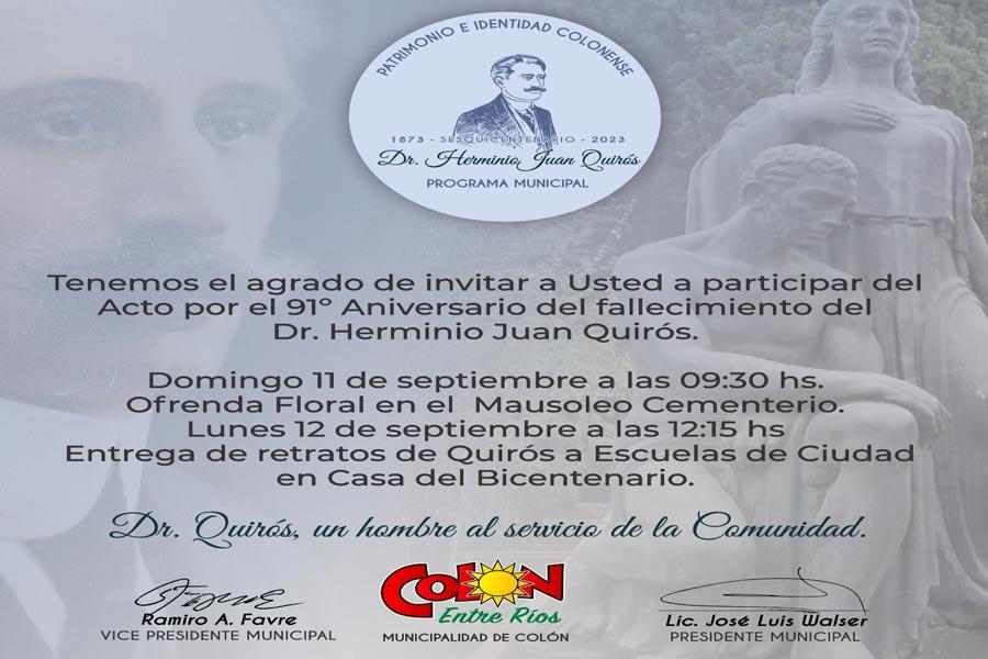 Habrá una ofrenda floral y se entregarán retratos de Quirós a las Escuelas de la Ciudad